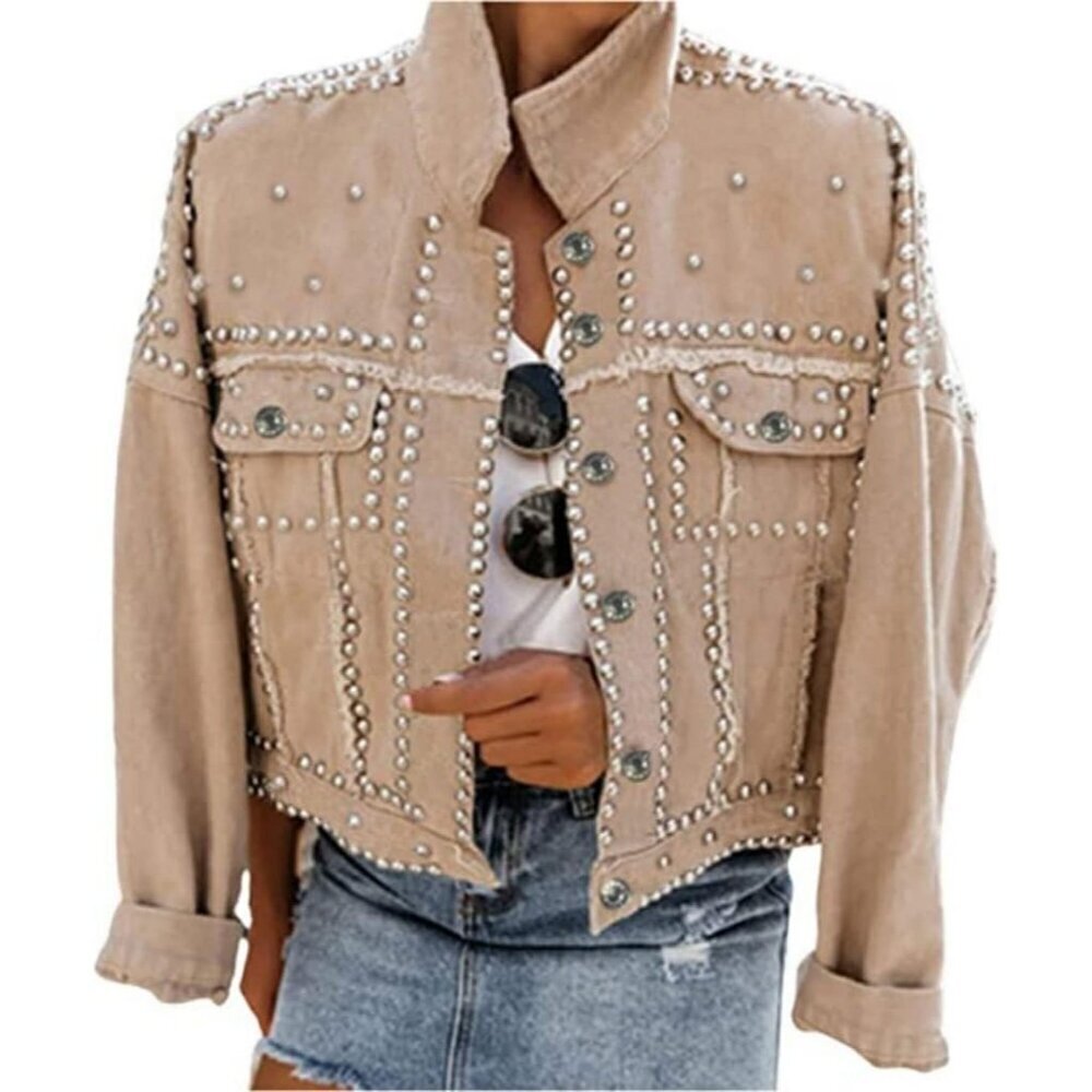 Women's Khaki Studded Cropped Jean Jacket Western Distressed Denim Coat Outdoor